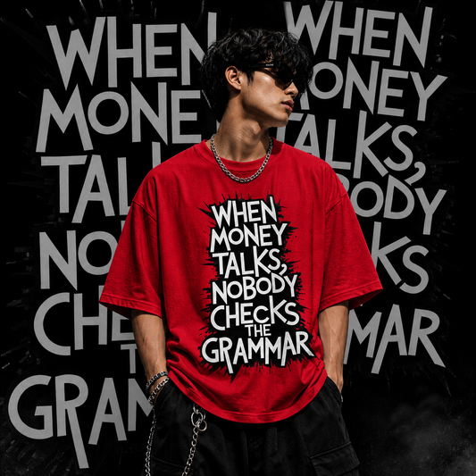Money talks nobody checks the grammar  | Oversized  | Cotton Bio Wash - Graphic Printed T-shirt