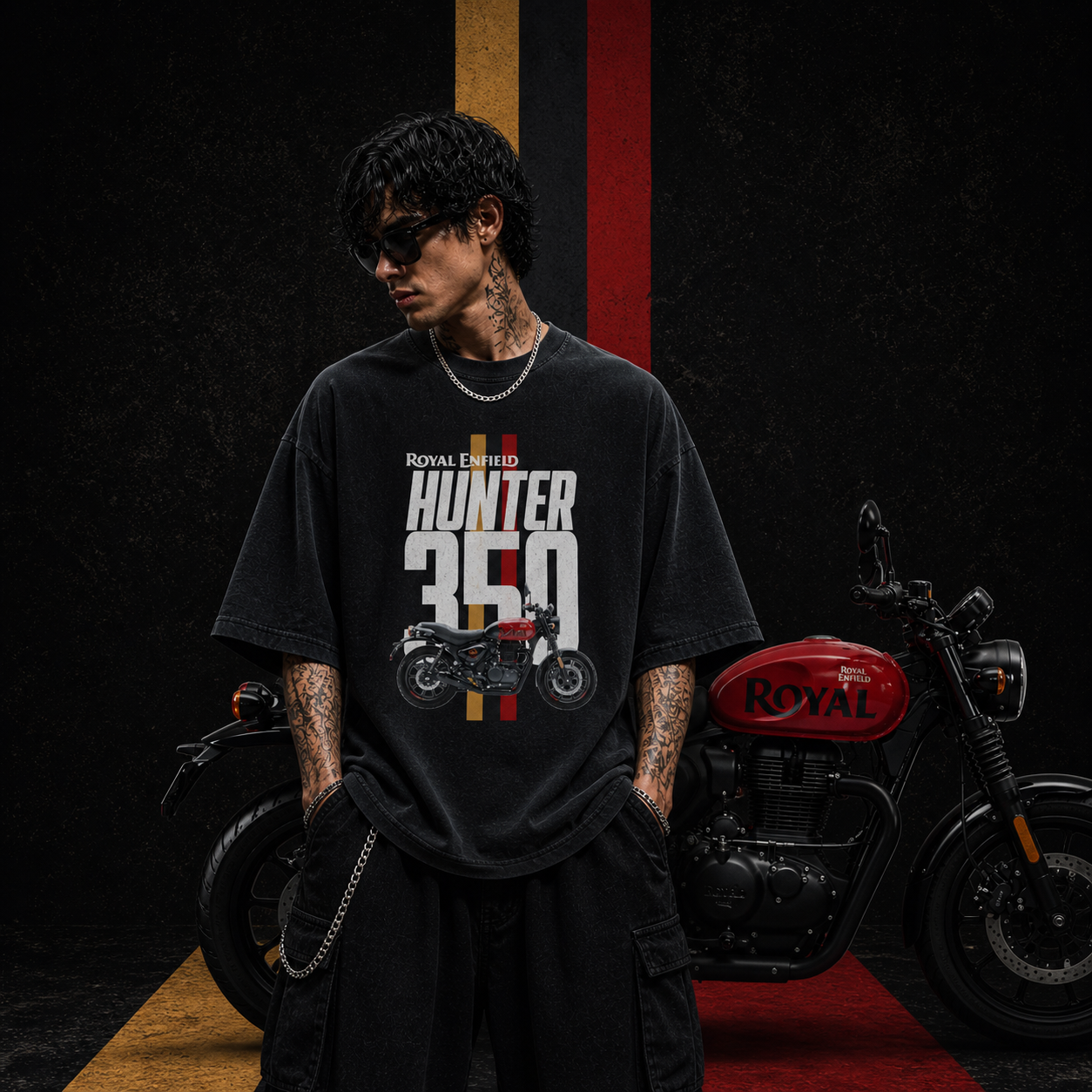 Hunter 350 - Rebel Red | Oversized  | Cotton Bio Wash - Graphic Printed T-shirt
