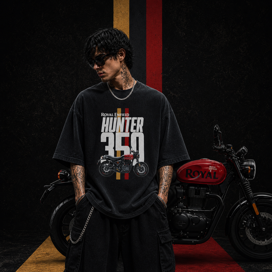 Hunter 350 - Rebel Red | Oversized  | Cotton Bio Wash - Graphic Printed T-shirt