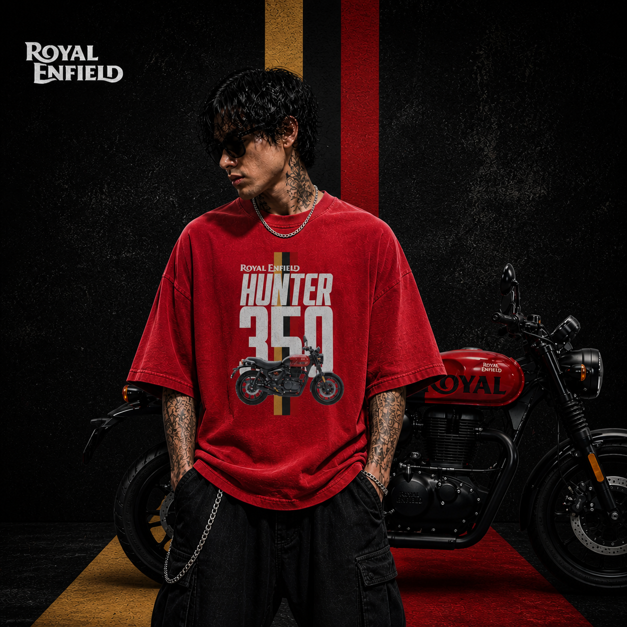 Hunter 350 - Rebel Red | Oversized  | Cotton Bio Wash - Graphic Printed T-shirt