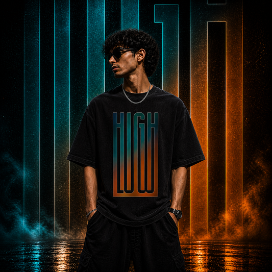 High Low Holographic Sticker  | Cotton Bio Wash - Graphic Printed T-shirt