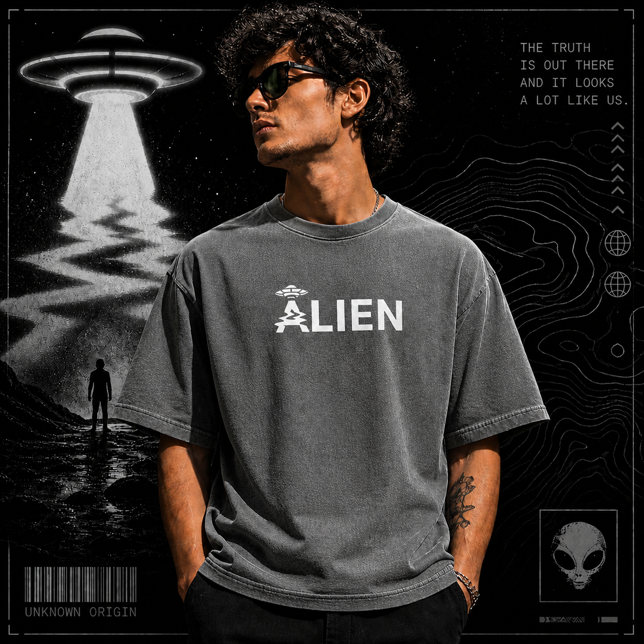 Alien UFO  | Cotton Bio Wash - Graphic Printed T-shirt