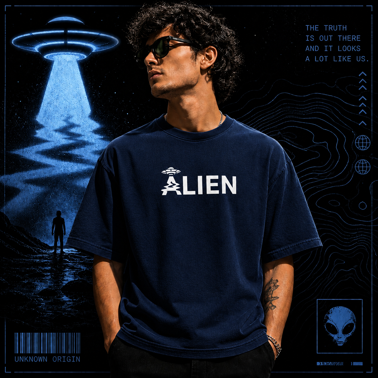 Alien UFO  | Cotton Bio Wash - Graphic Printed T-shirt