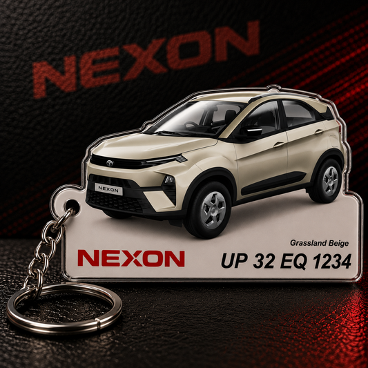 Nexon - Personalized Tata Car Keychain - Wood, Acrylic, Metal Printed