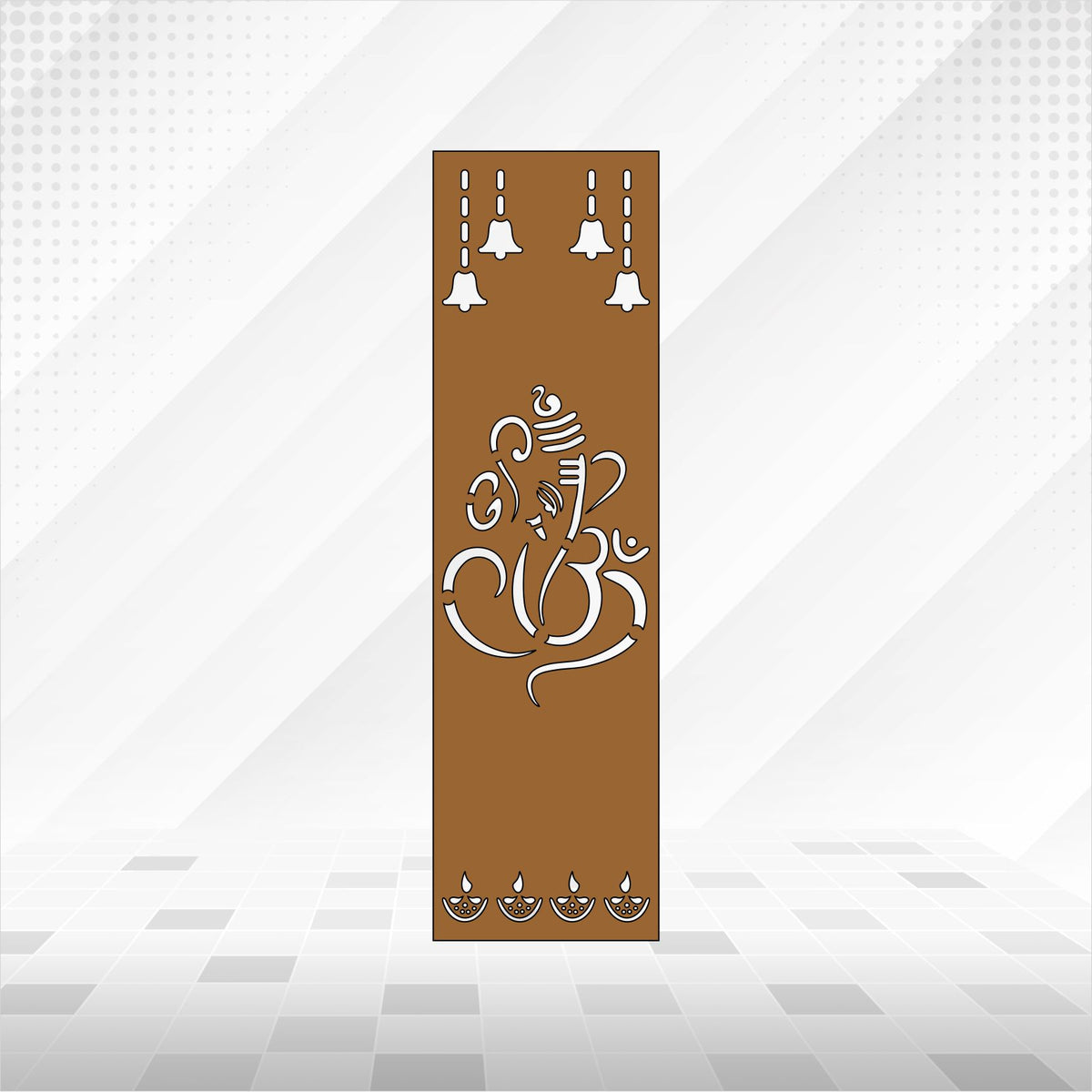 Tall Ganesha CNC jaali panel with temple bells and diyas in brown finish