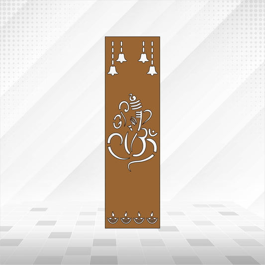 Tall Ganesha CNC jaali panel with temple bells and diyas in brown finish