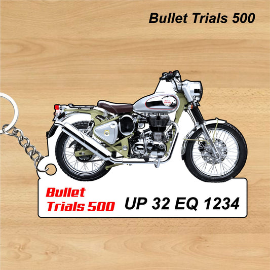 Bullet Trials 500 - Personalized Royal Enfield Keychain - Wood, Acrylic, Metal Printed