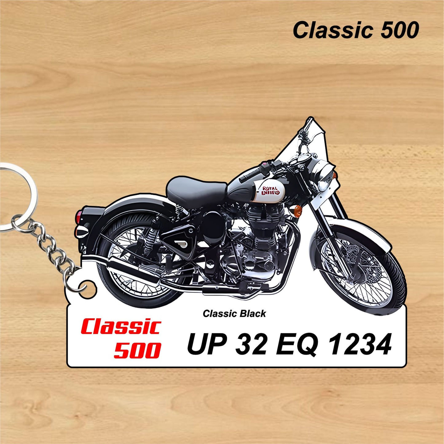 Classic 500 - Personalized Royal Enfield Keychain - Wood, Acrylic, Metal Printed