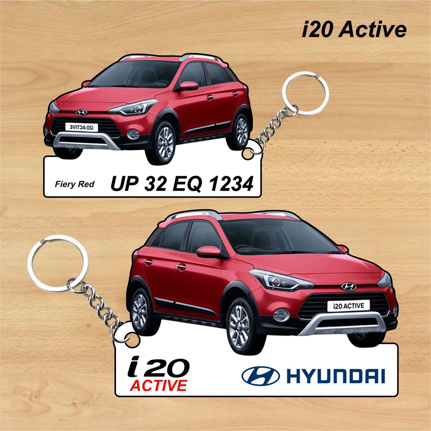 i20 Active - Personalized Hyundai Car Keychain - Wood, Acrylic, Metal Printed