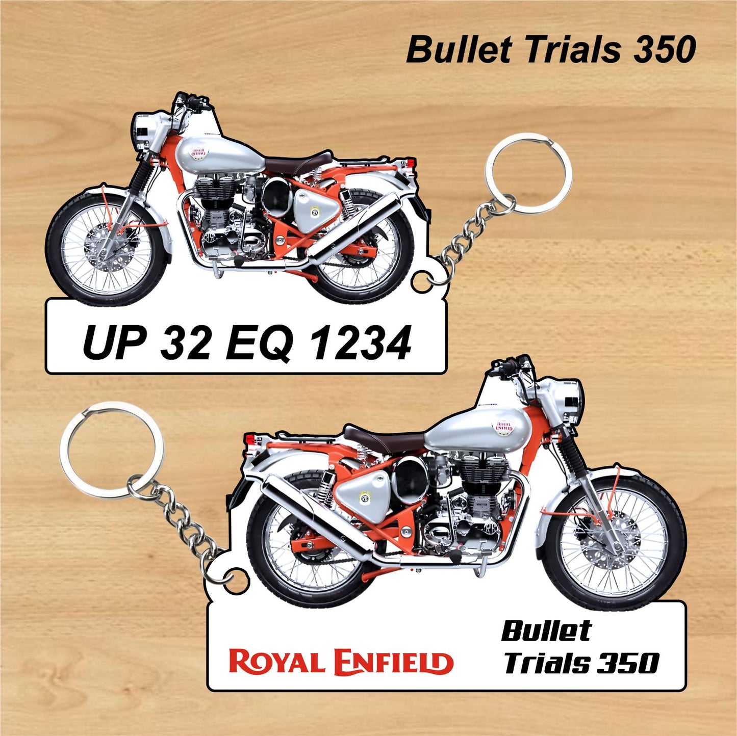Bullet Trials 350 - Personalized Royal Enfield Keychain - Wood, Acrylic, Metal Printed