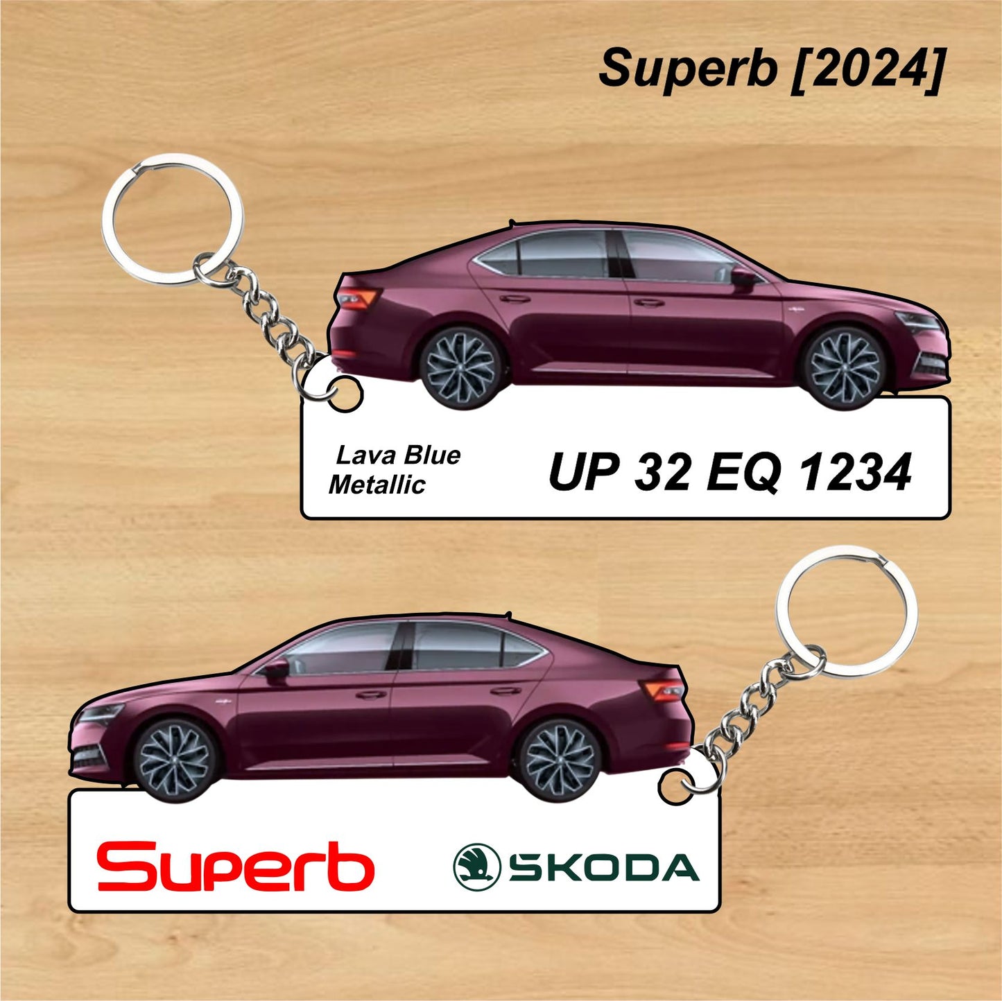 Superb [2024] - Personalized Skoda Car Keychain - Wood, Acrylic, Metal Printed