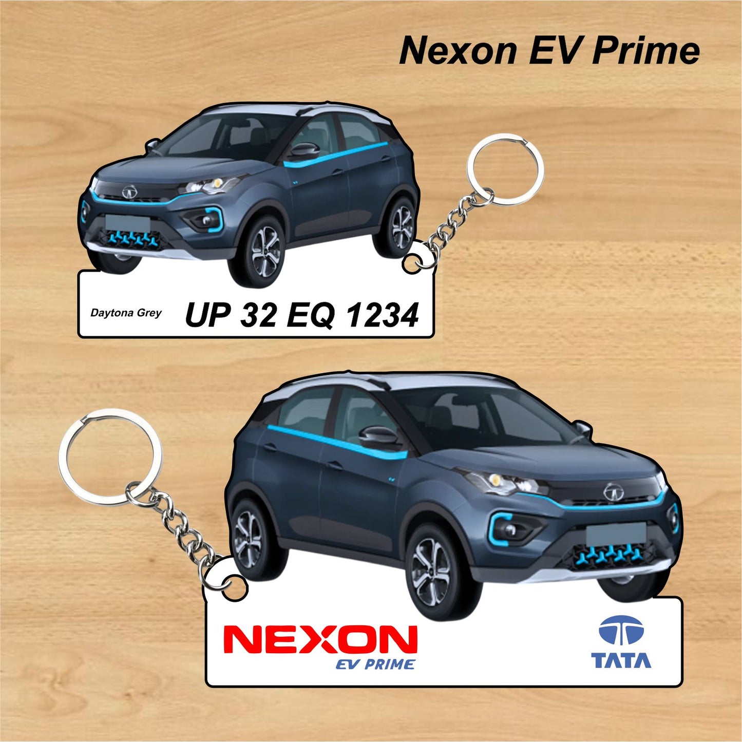 Nexon EV Prime - Personalized Tata Keychain - Wood, Acrylic, Metal Printed
