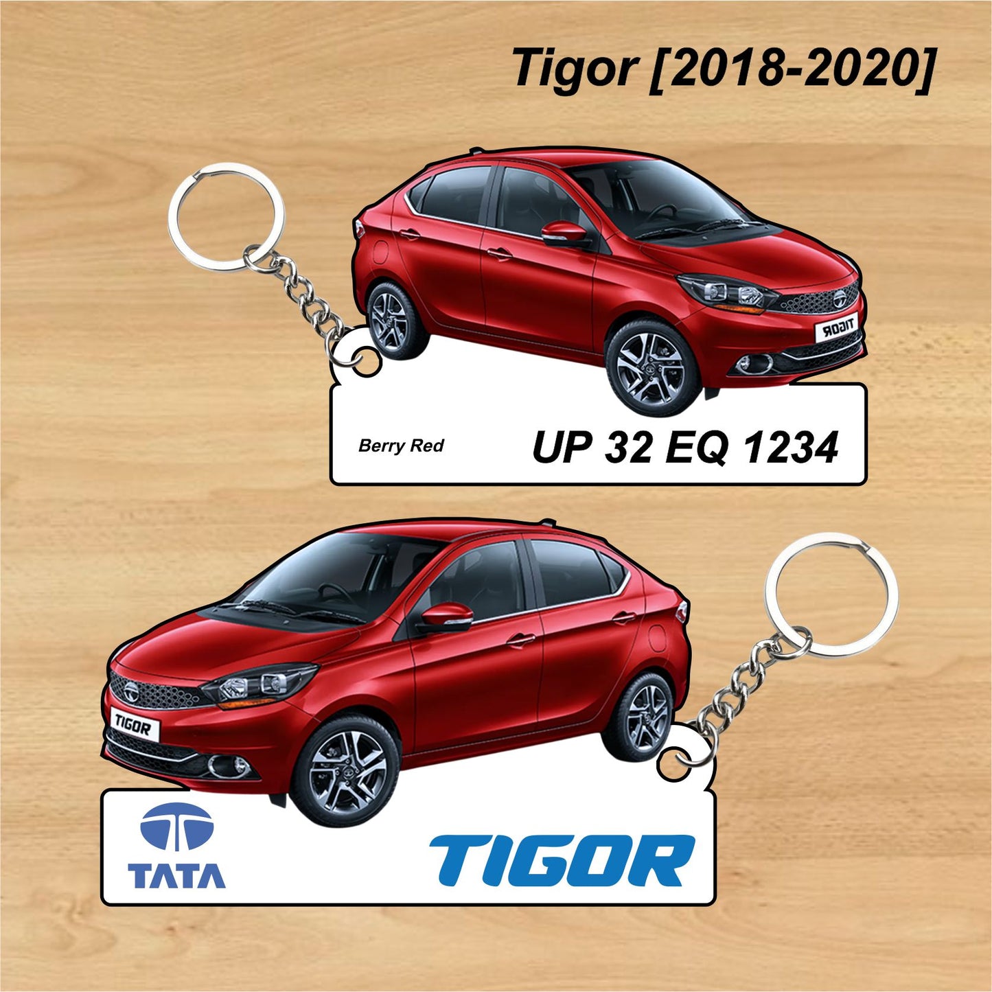 Tigor [2018-2020] - Personalized Tata Car Keychain - Wood, Acrylic, Metal Printed