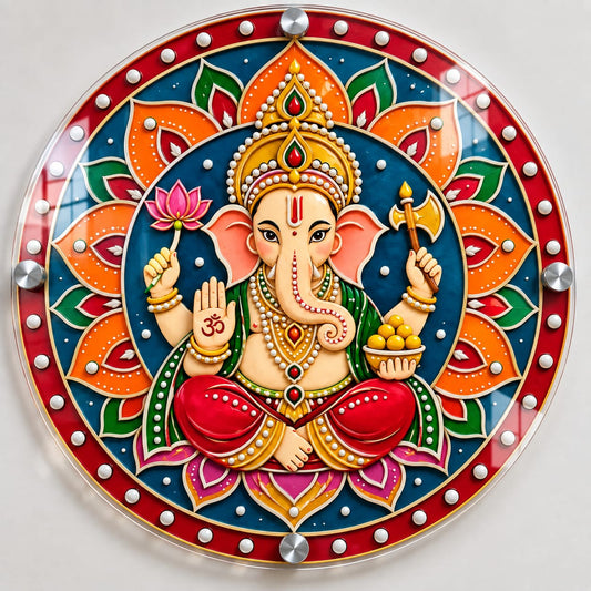 Lord Ganesha Mandala Round UV Printed Acrylic Wall Art - Design-AUV-9