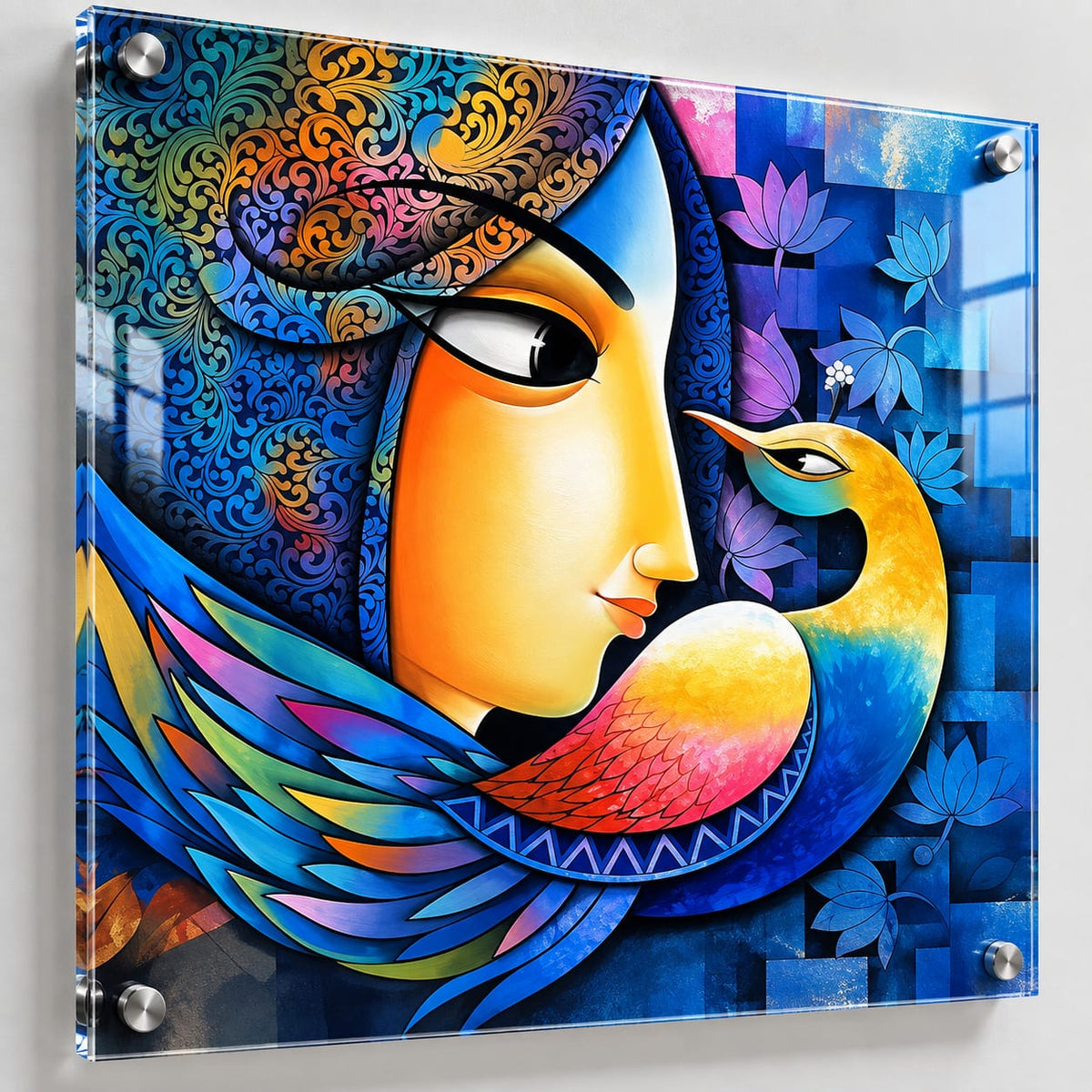 Indian Woman & Bird Contemporary Floral UV Printed Acrylic Wall Art