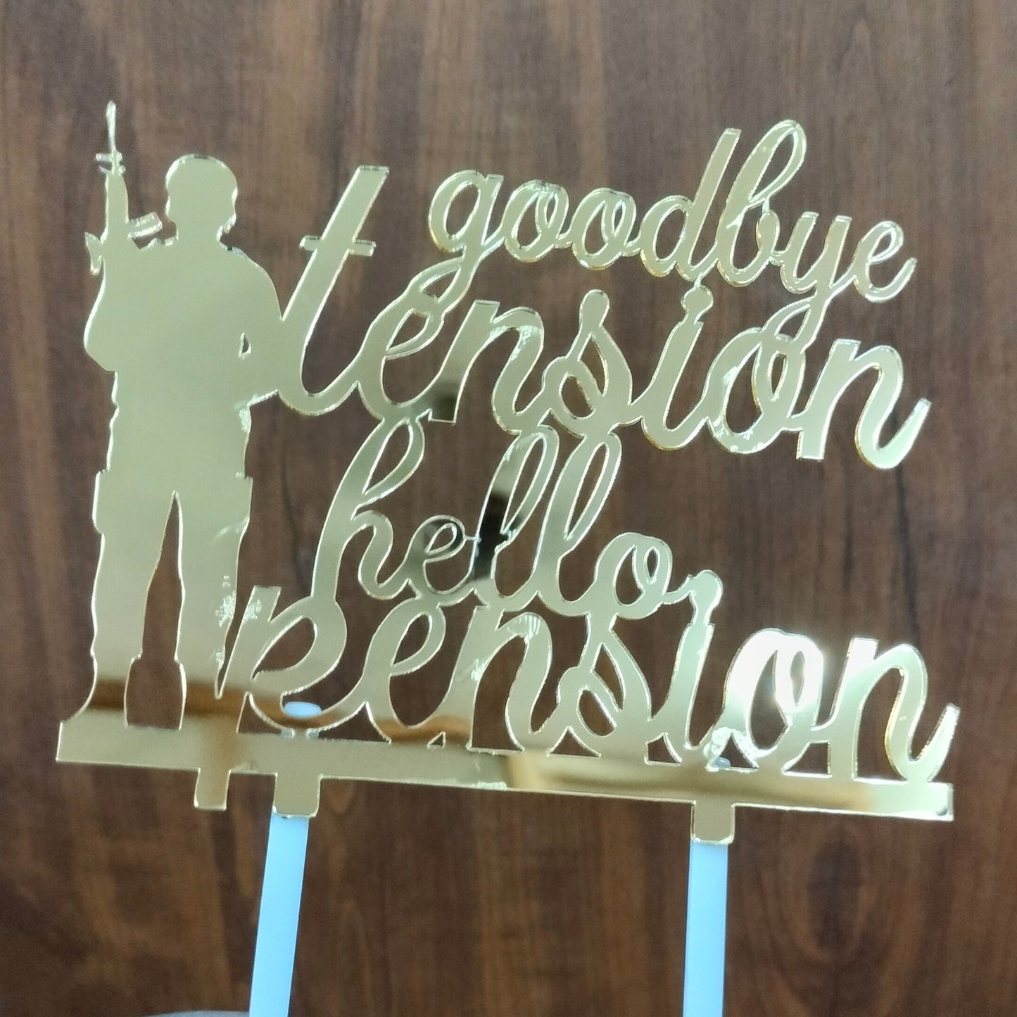 Goodbye Tension Hello Pension Army Man (Fauji) - Acrylic Cake Topper - Retirement Day Cake Topper