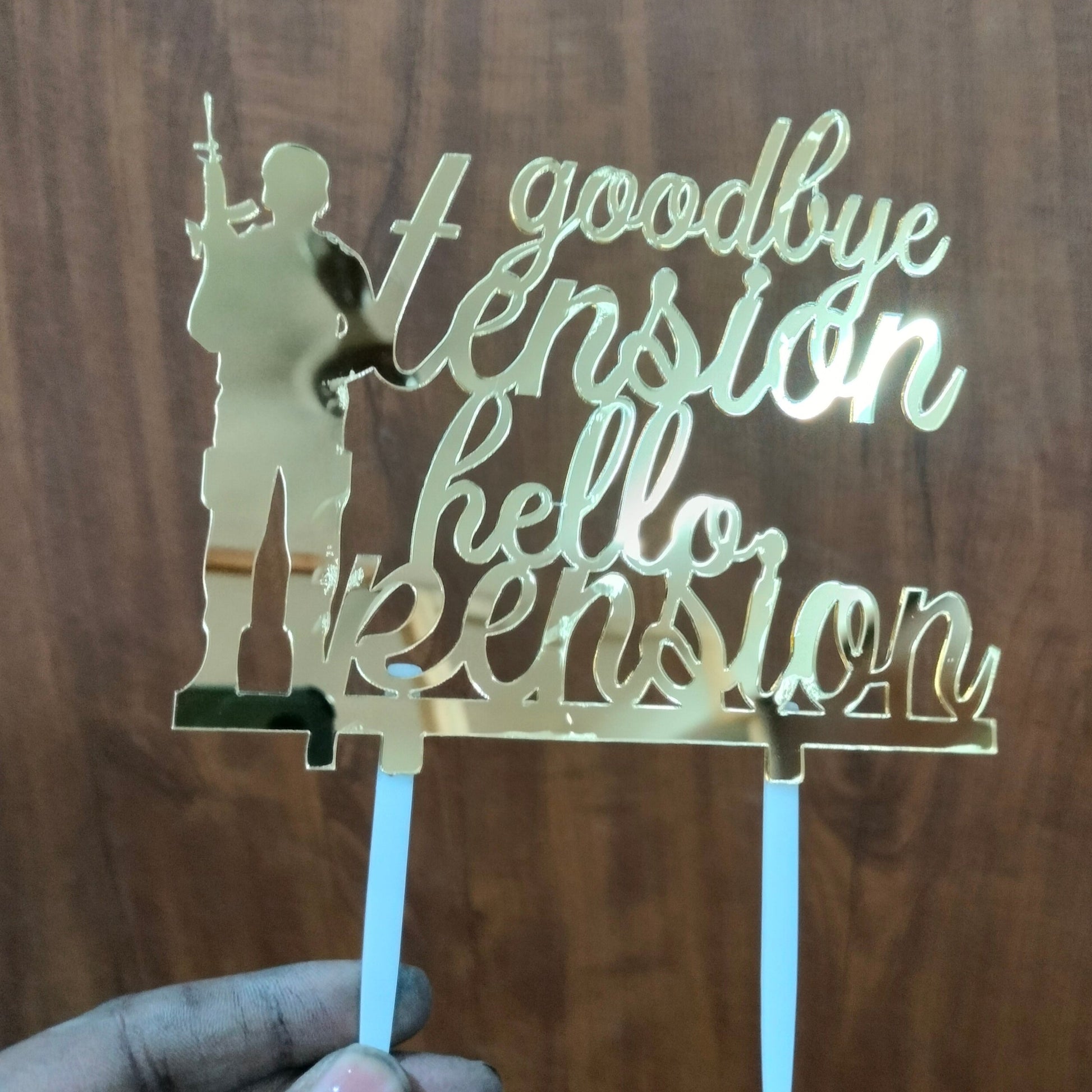 Goodbye Tension Hello Pension Army Man (Fauji) - Acrylic Cake Topper - Retirement Day Cake Topper