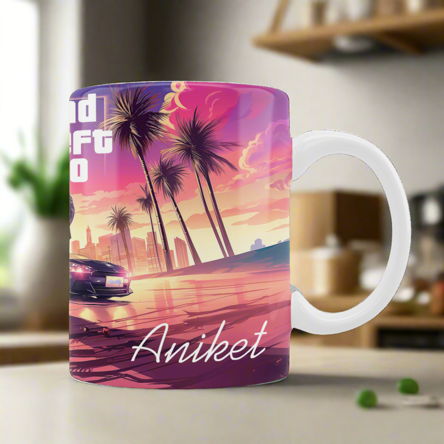 GTA 6 Adventure Set: Printed Coffee Mug and Keychain, White Ceramic Mug Printed, 350 ml