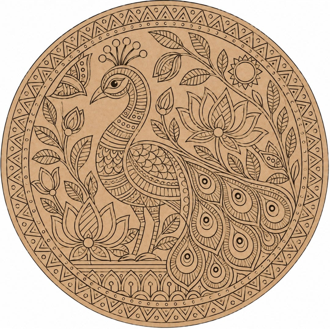 Madhubani Peacock with Lotus & Sun Engraved MDF Wall Art - DIY - Pre-Marked MDF