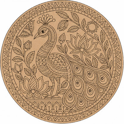 Madhubani Peacock with Lotus & Sun Engraved MDF Wall Art - DIY - Pre-Marked MDF