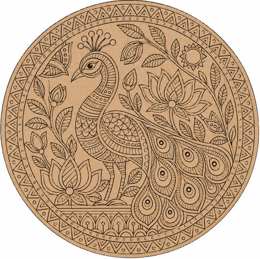 Madhubani Peacock with Lotus & Sun Engraved MDF Wall Art - DIY - Pre-Marked MDF