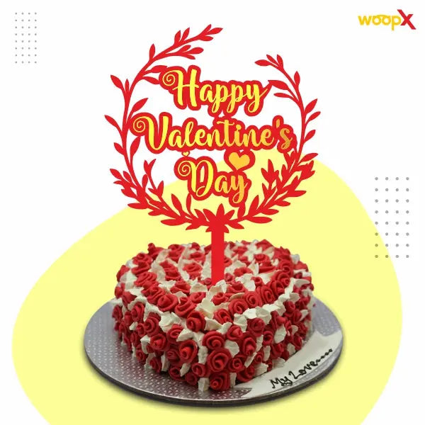 Happy Valentine's Day Two Layer Acrylic Cake Topper (Red & Gold) - Valentines Day Cake Topper