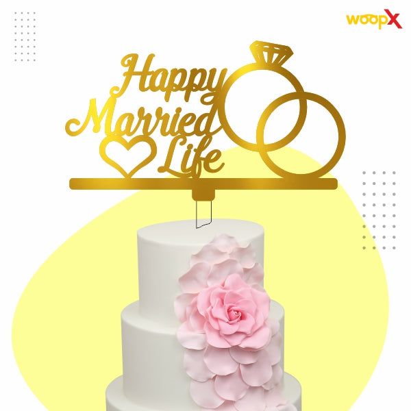 Happy Married Life Acrylic Cake Topper - Gold - Wedding Cake Topper