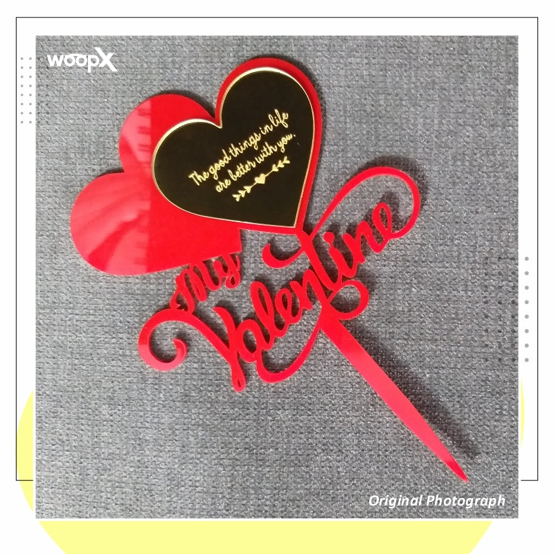 My Valentine Two Layer Acrylic Cake Topper - Personalised - Red & Gold - Valentine Cake Topper