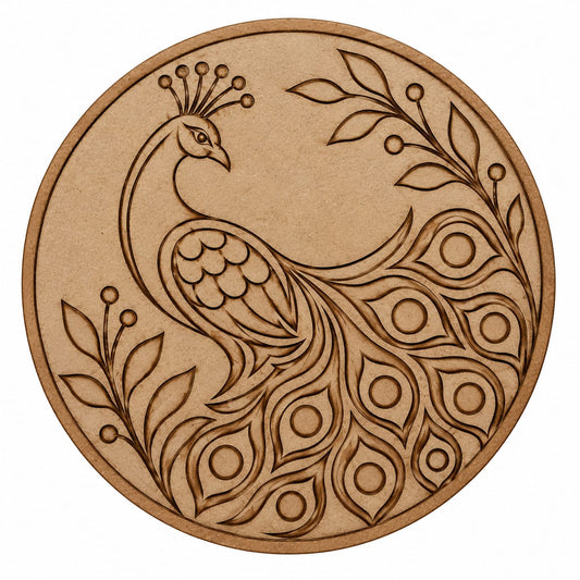 Peacock & Feathers Round MDF Wall Art – DIY Craft Kit (Pre-Marked)