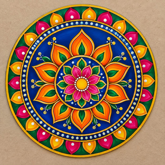Floral Mandala with Petal Crown Border Round MDF Wall Art – DIY Craft Kit (Pre-Marked)