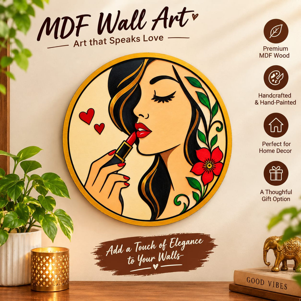 Glamour Girl Lipstick Round MDF Wall Art – DIY Craft Kit (Pre-Marked)