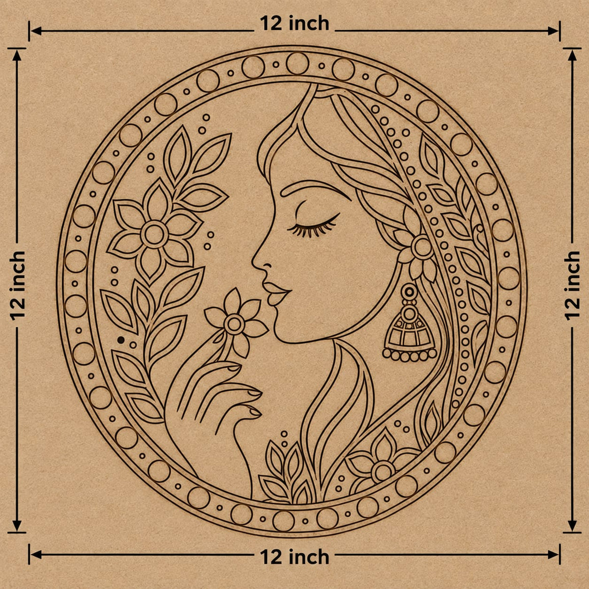 Indian Lady with Jhumka & Floral Mandala Round MDF Wall Art – DIY Craft Kit (Pre-Marked)