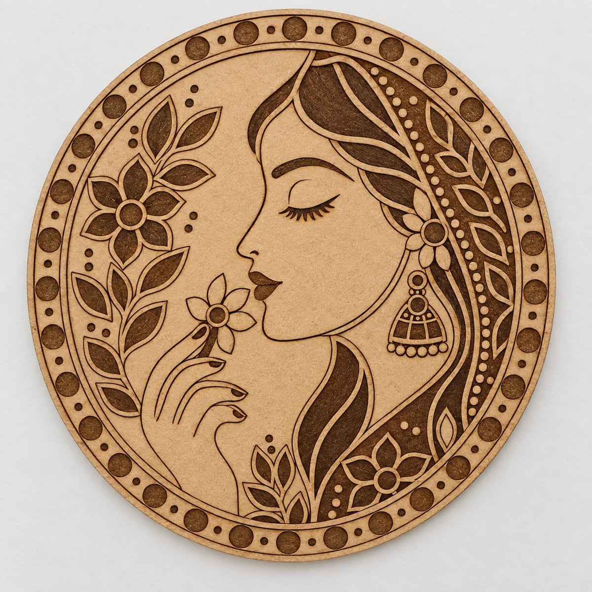 Indian Lady with Jhumka & Floral Mandala Round MDF Wall Art – DIY Craft Kit (Pre-Marked)