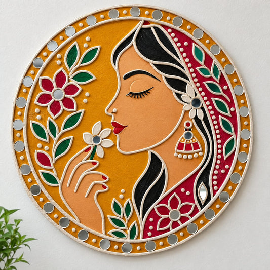 Indian Lady with Jhumka & Floral Mandala Round MDF Wall Art – DIY Craft Kit (Pre-Marked)