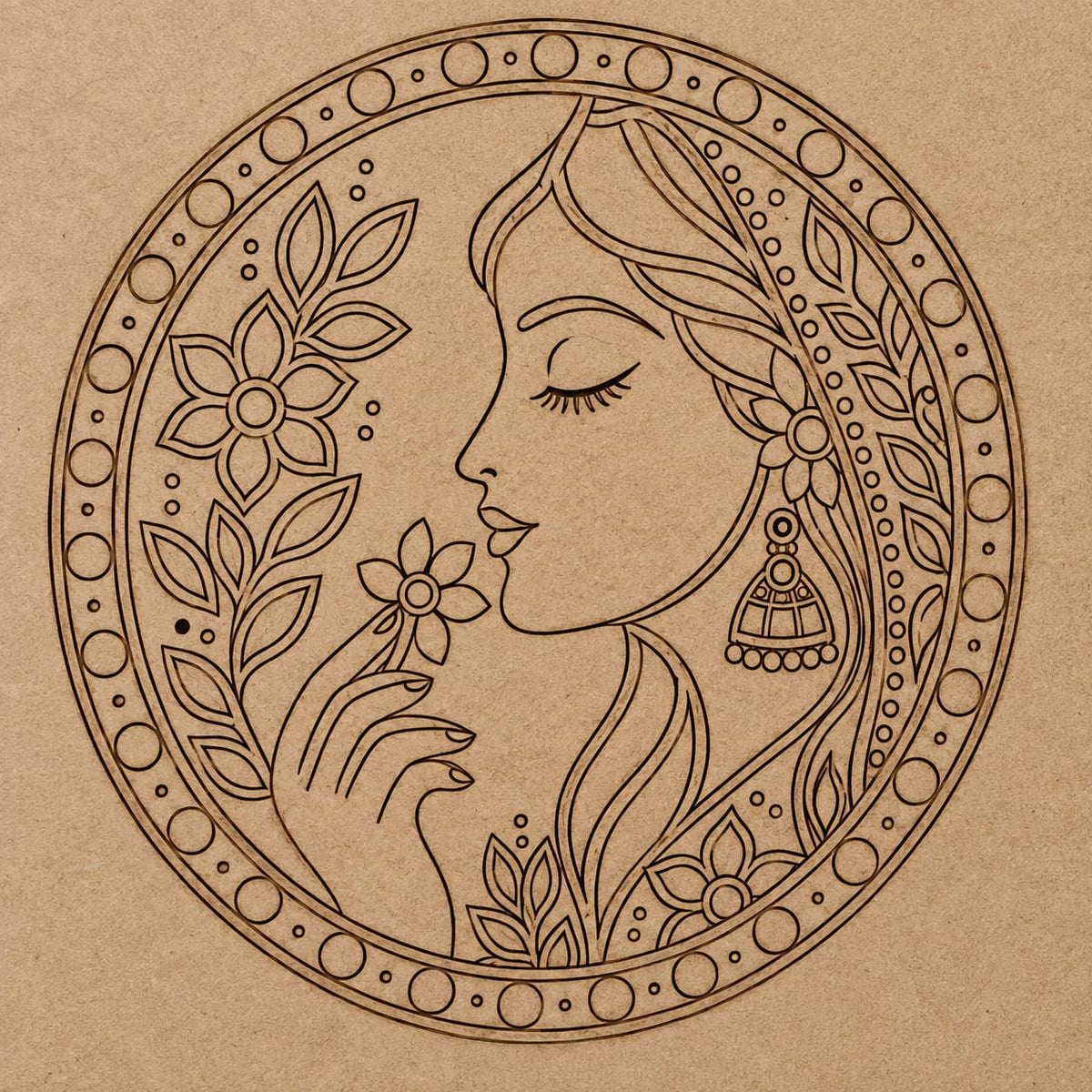 Indian Lady with Jhumka & Floral Mandala Round MDF Wall Art – DIY Craft Kit (Pre-Marked)