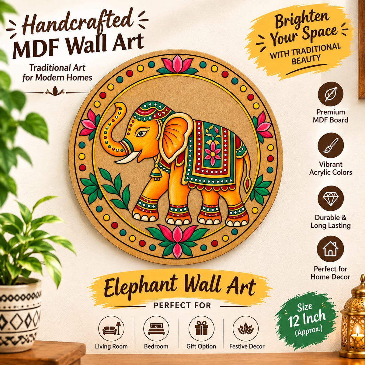 Royal Decorated Elephant Round MDF Wall Art – DIY Craft Kit (Pre-Marked)