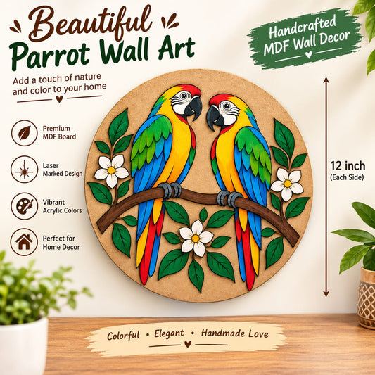 Love Parrots on Branch Round MDF Wall Art – DIY Craft Kit (Pre-Marked)