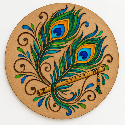 Krishna Peacock Feather & Bansuri Round MDF Wall Art – DIY Craft Kit (Pre-Marked)