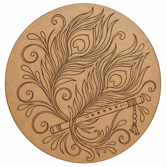 Krishna Peacock Feather & Bansuri Round MDF Wall Art – DIY Craft Kit (Pre-Marked)