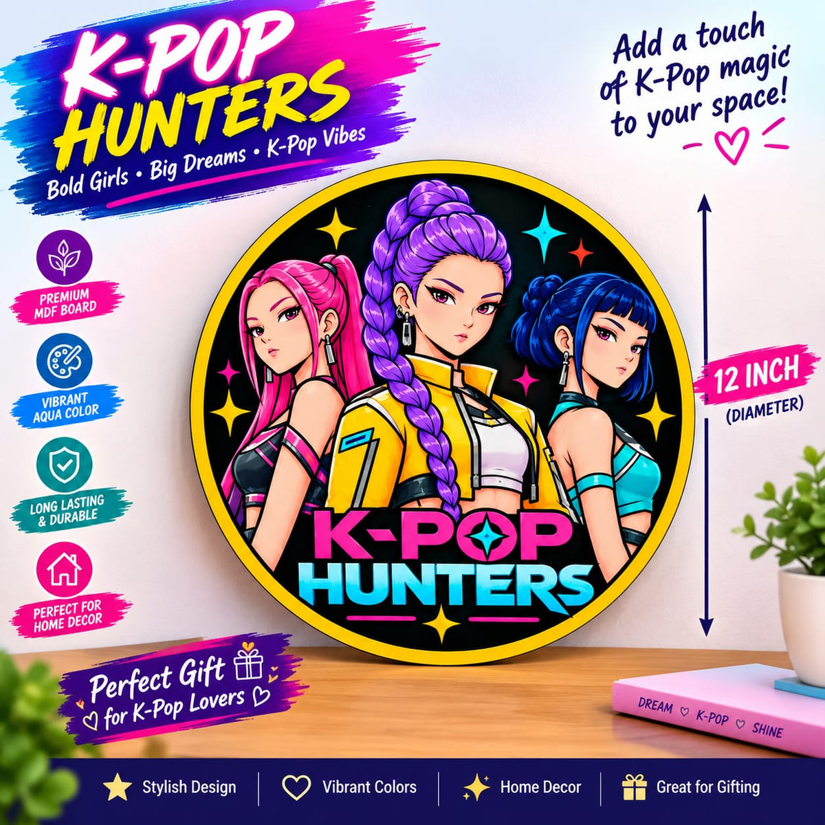 K-Pop Hunters Anime Girl Group Round MDF Wall Art – DIY Craft Kit (Pre-Marked)