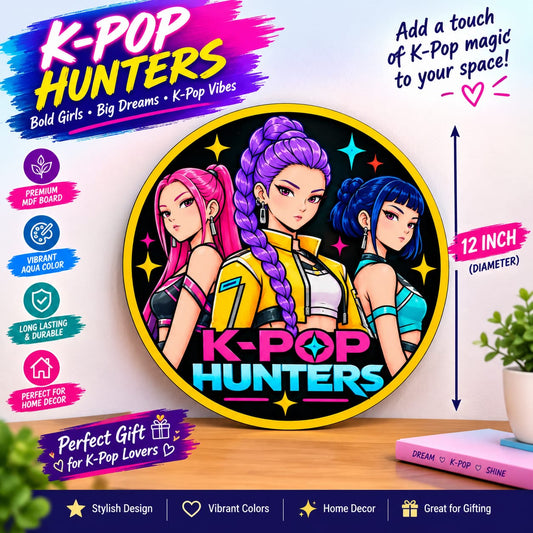 K-Pop Hunters Anime Girl Group Round MDF Wall Art – DIY Craft Kit (Pre-Marked)