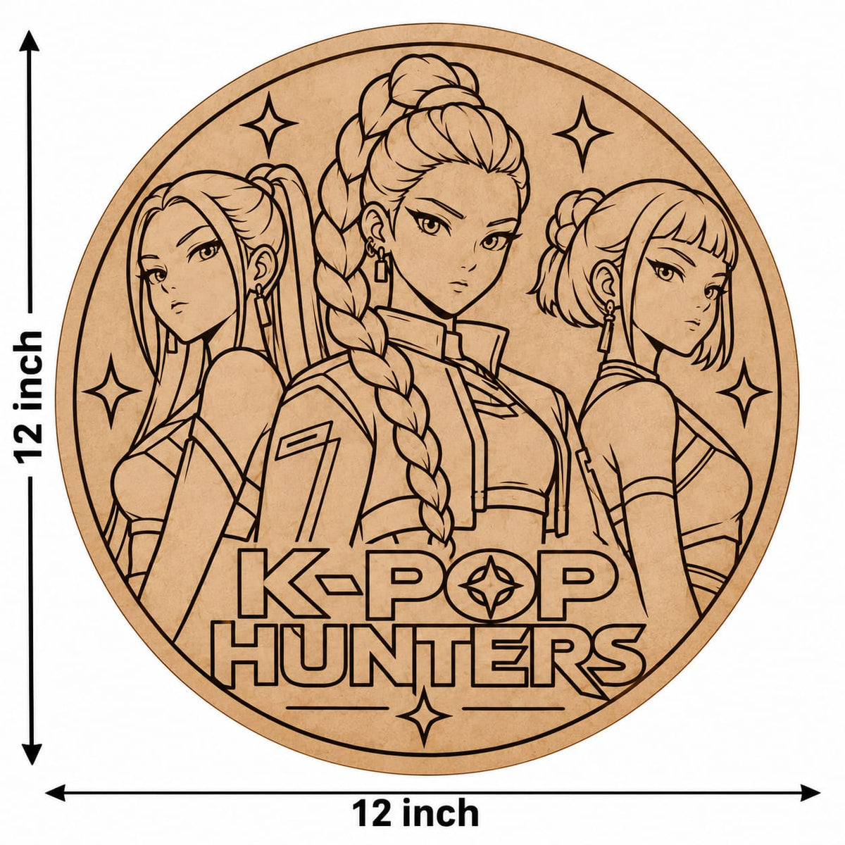 K-Pop Hunters Anime Girl Group Round MDF Wall Art – DIY Craft Kit (Pre-Marked)