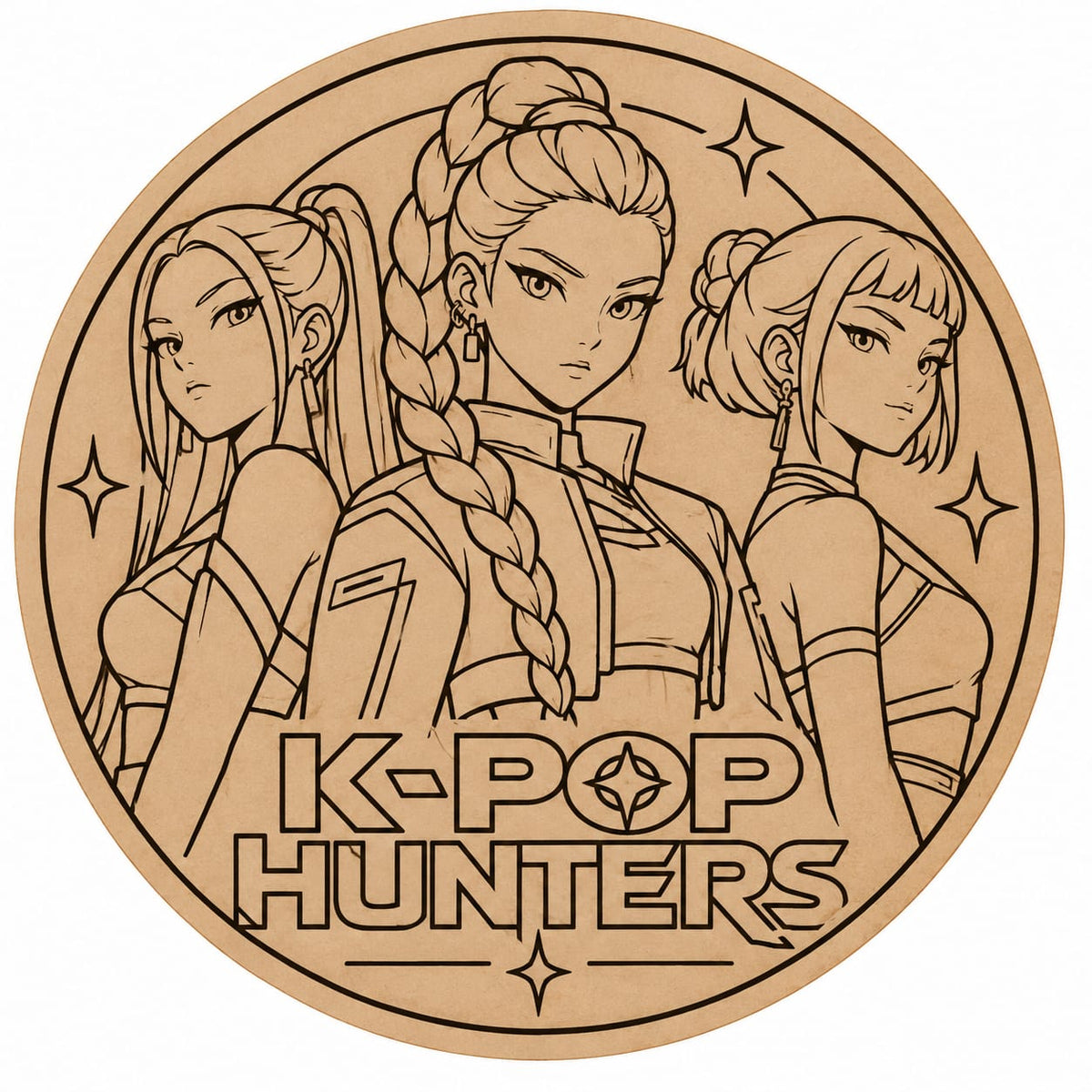 K-Pop Hunters Anime Girl Group Round MDF Wall Art – DIY Craft Kit (Pre-Marked)