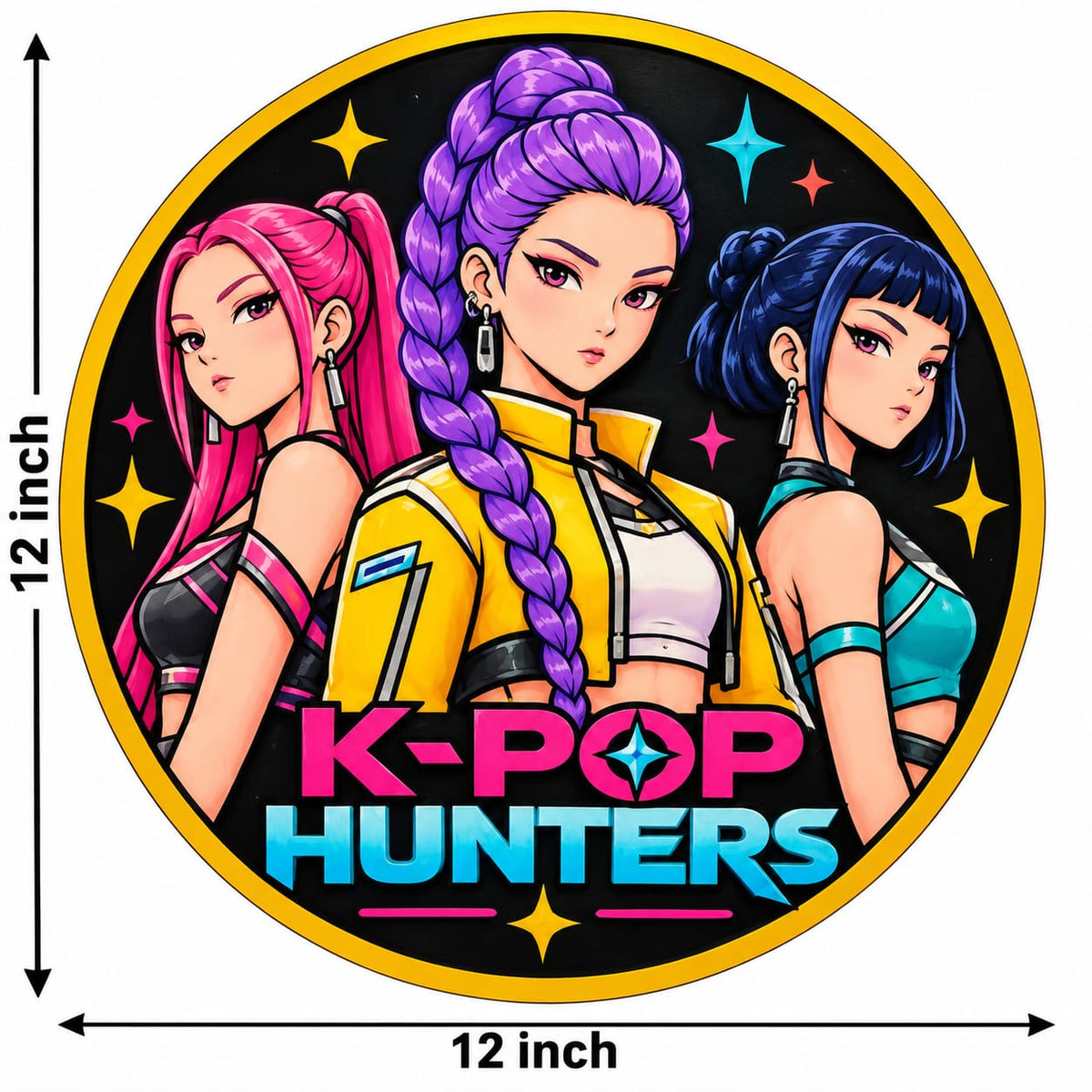 K-Pop Hunters Anime Girl Group Round MDF Wall Art – DIY Craft Kit (Pre-Marked)