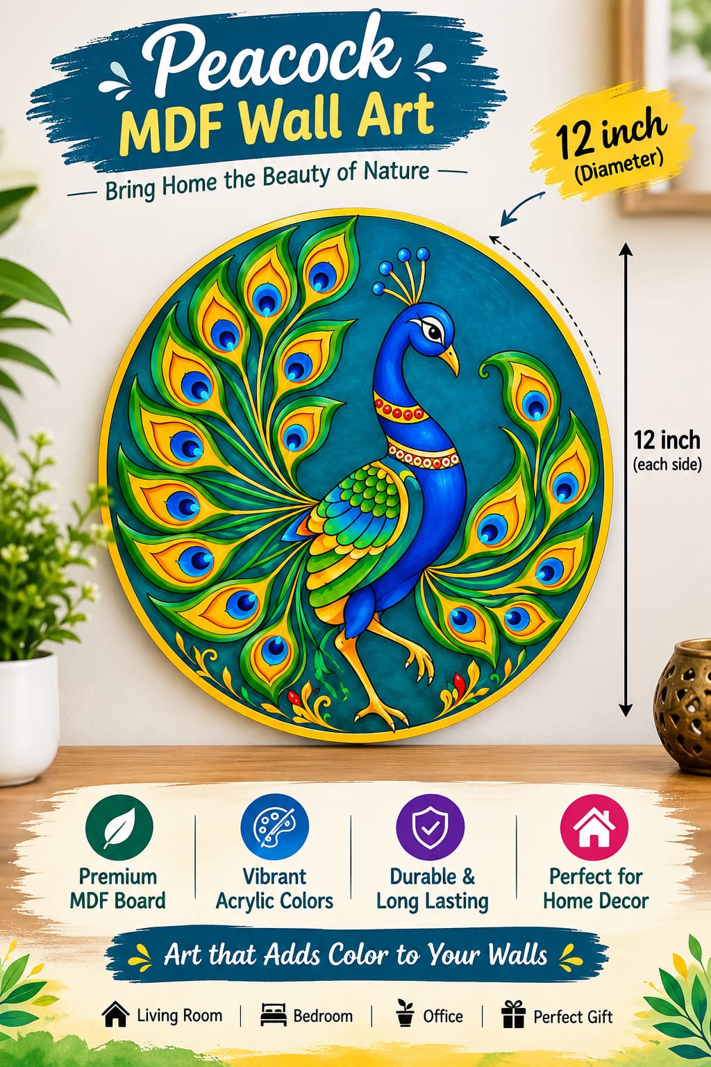 Royal Peacock in Full Display Round MDF Wall Art – DIY Craft Kit (Pre-Marked)