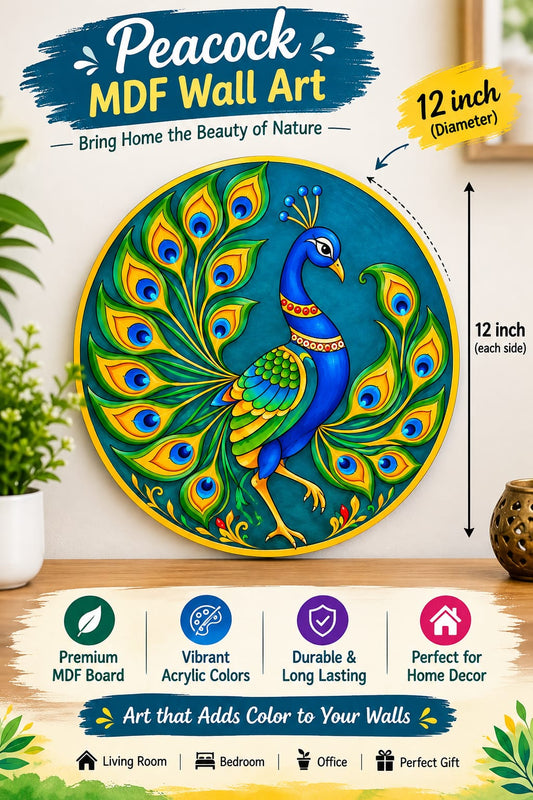 Royal Peacock in Full Display Round MDF Wall Art – DIY Craft Kit (Pre-Marked)