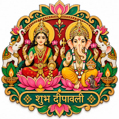 Lakshmi Ganesh Shubh Deepawali MDF Wall Plaque – Laser-Engraved Diwali Devotional Art Panel - DIY - Pre-Marked MDF