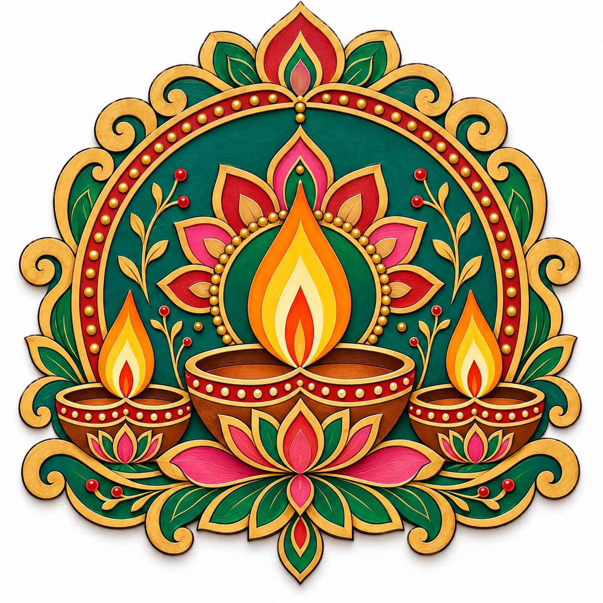 Triple Diya Decorative MDF Wall Hanging – Laser-Cut Diwali Floral Arch Panel - DIY - Pre-Marked MDF