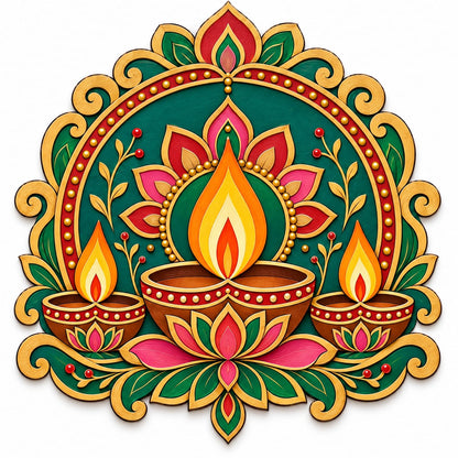 Triple Diya Decorative MDF Wall Hanging – Laser-Cut Diwali Floral Arch Panel - DIY - Pre-Marked MDF