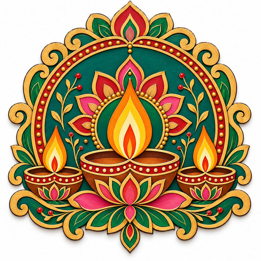 Triple Diya Decorative MDF Wall Hanging – Laser-Cut Diwali Floral Arch Panel - DIY - Pre-Marked MDF